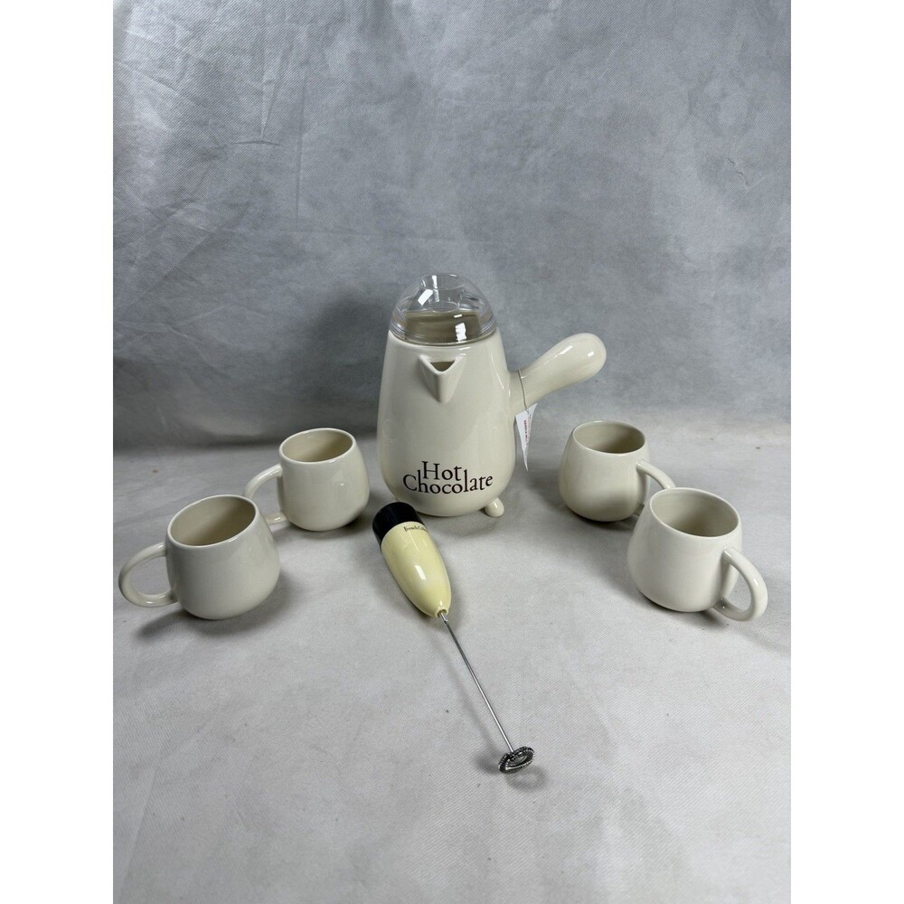French Cafe Hot Chocolate Ceramic Set Four Mugs, Pitcher NEW with original box